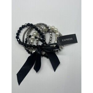 Express 6 Piece Faux Pearl Rhinestone Beaded Stretch Bracelet Set New
